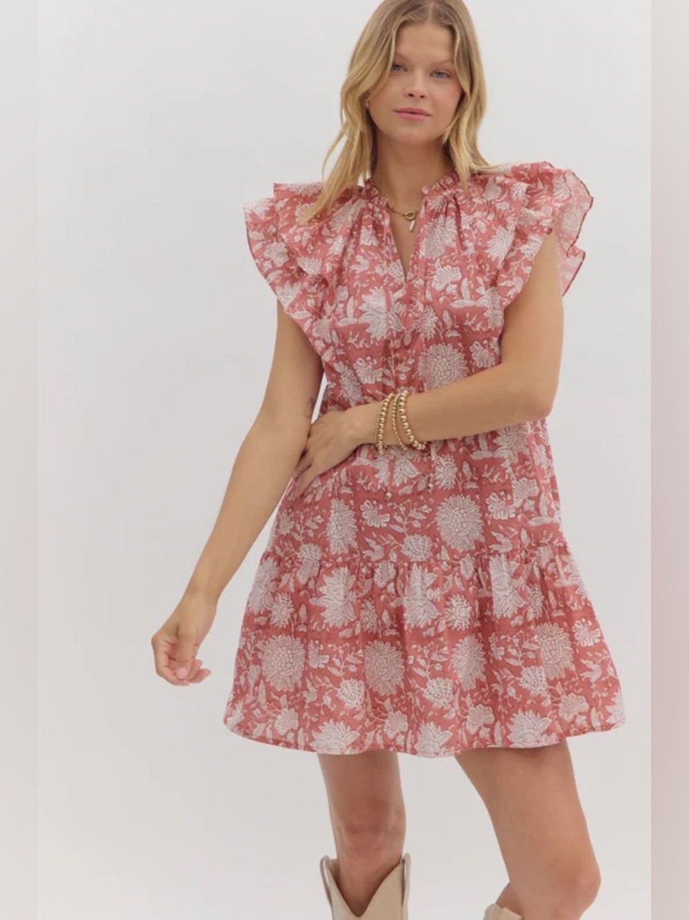 Entro Ruffle Sleeve Tiered Floral Pink Mini Dress with Pockets size Large